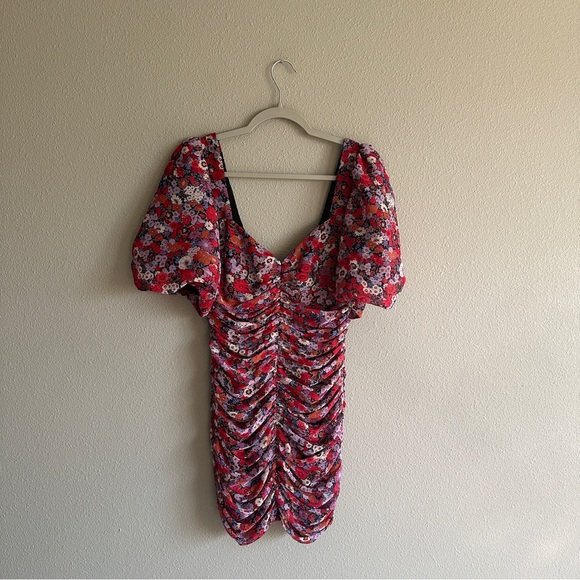 NWT Zara Pink and Red Ruched Puff Sleeve Bodycon Mini Dress Small - Picture 1 of 14